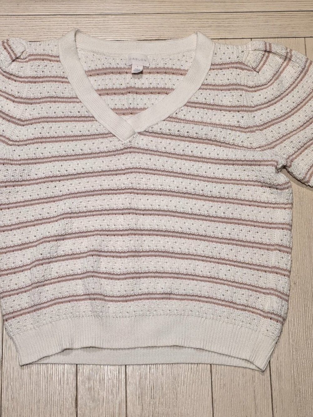 Caslon ivory and pink striped pointelle short sleeve sweater Size L